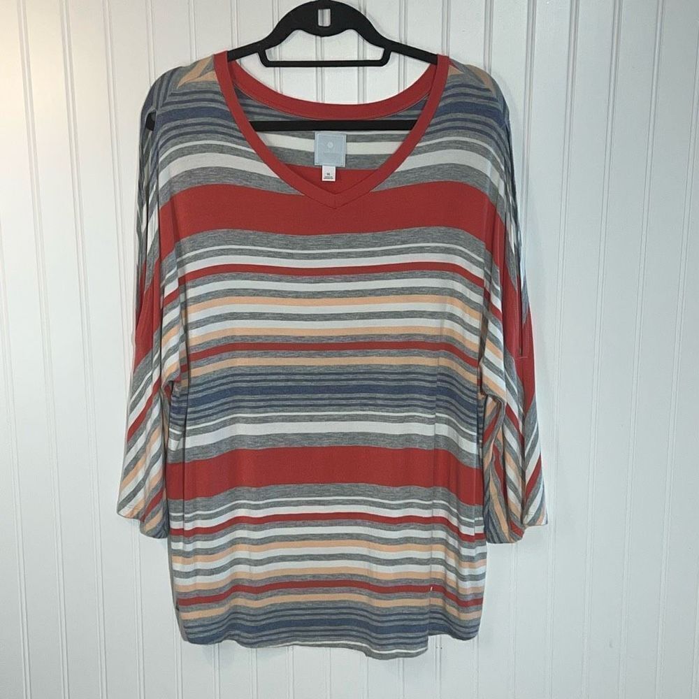 Sunday Striped Top Womens XLarge Coral/ Gray 3/4 Sleeve Soft Comfort lightweight